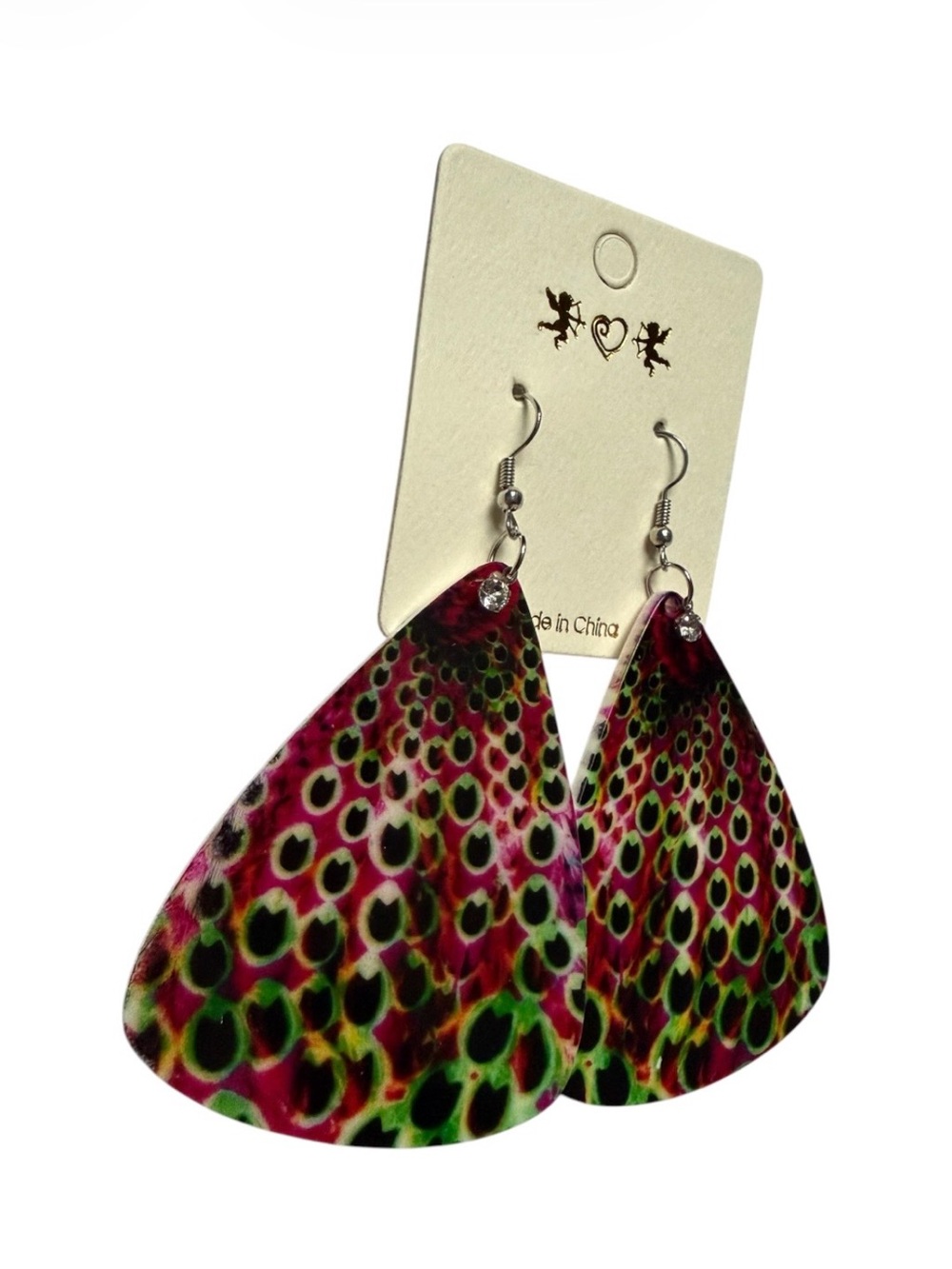 Abstract Peacock Design Rounded Triangle Shape Earrings - Picture 2 of 4